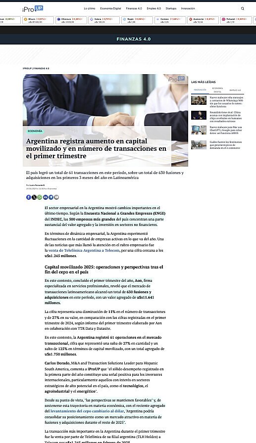 Argentina registra aumento en capital movilizado y en n�mero de transacciones en el primer trimestre